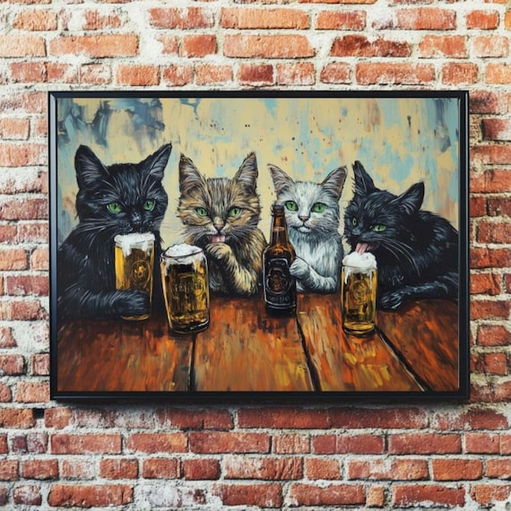 Four Funny Cats Sharing Frothy Beers at Wooden Pub Table Wall Art