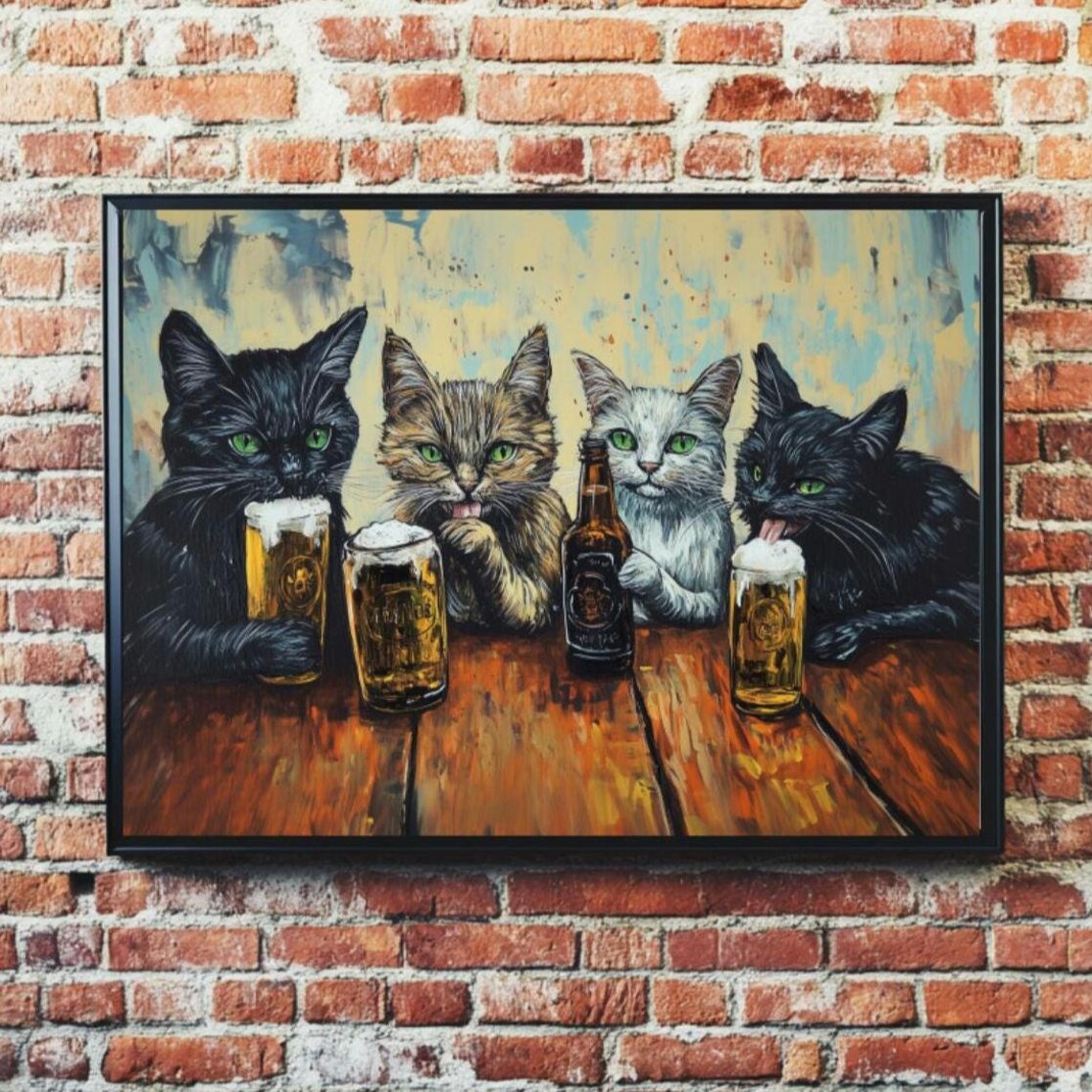 Four Funny Cats Sharing Frothy Beers at Wooden Pub Table Wall Art