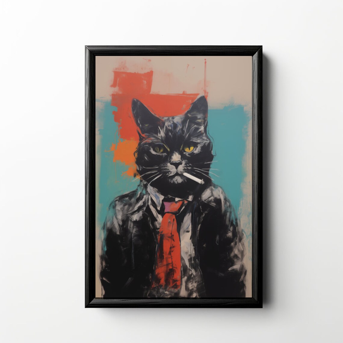 Black Cat in Jacket and Tie Smoking Beatnik Style Funny Poster