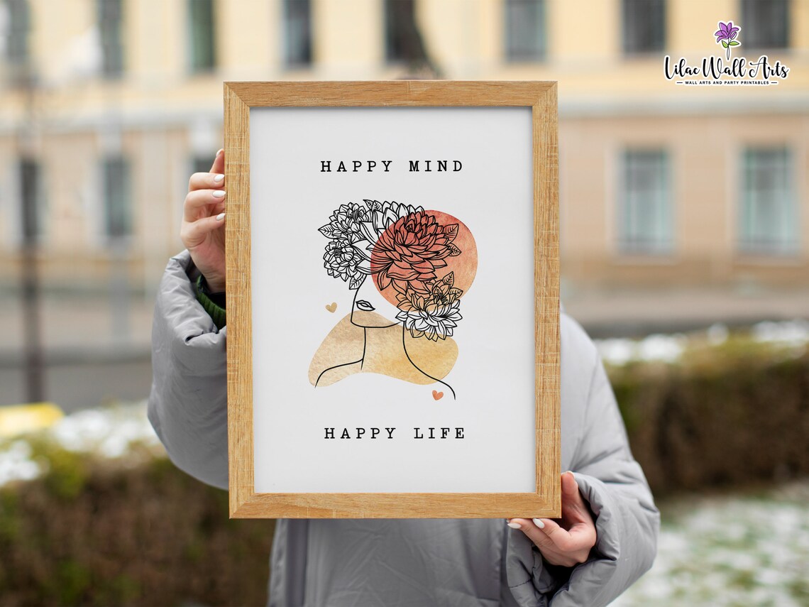 Happy Mind Happy Life Floral Woman Line Art Mental Health Poster - Image 4