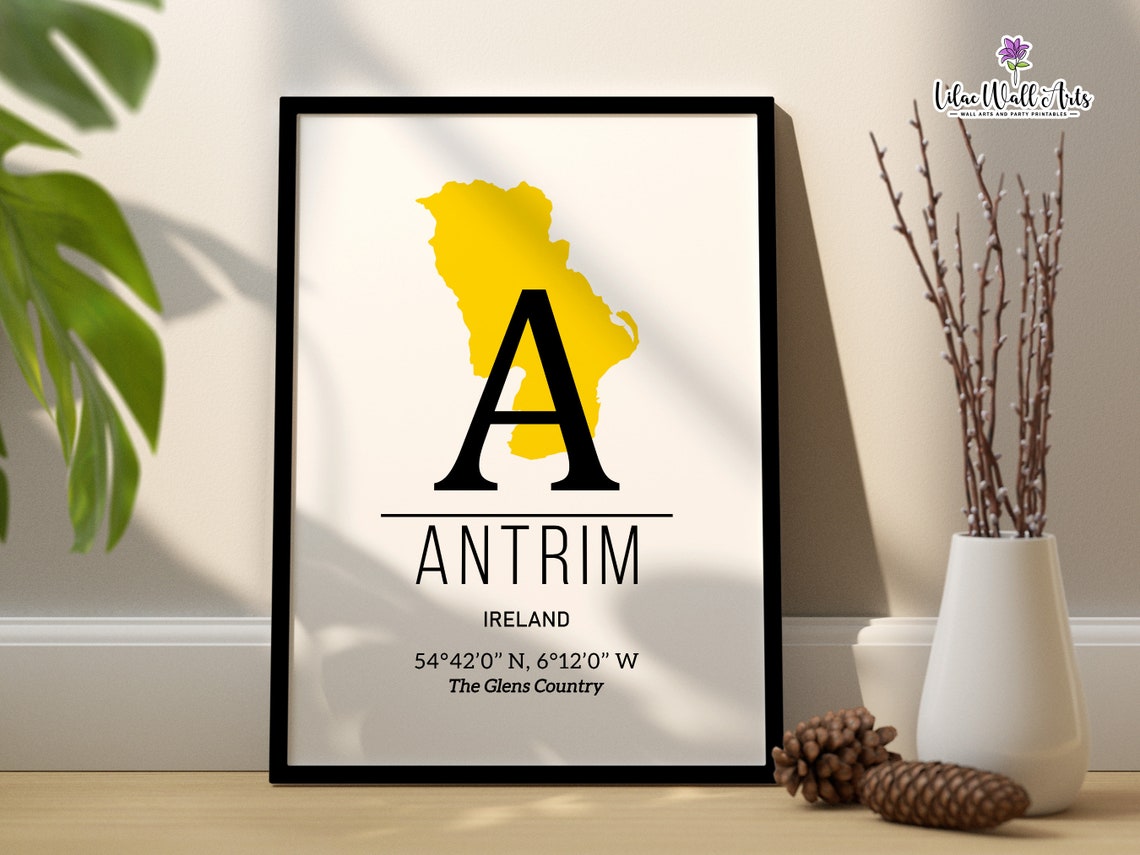 Antrim Ireland County Map Initial A Yellow Coordinate Art Print - Image 6