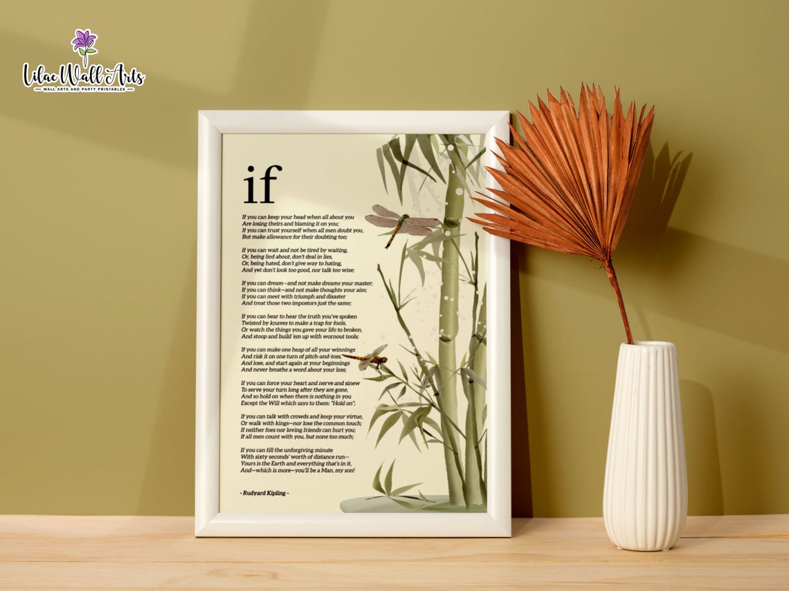 If Poem Rudyard Kipling Bamboo Dragonfly Nature Scene Wall Art - Image 3