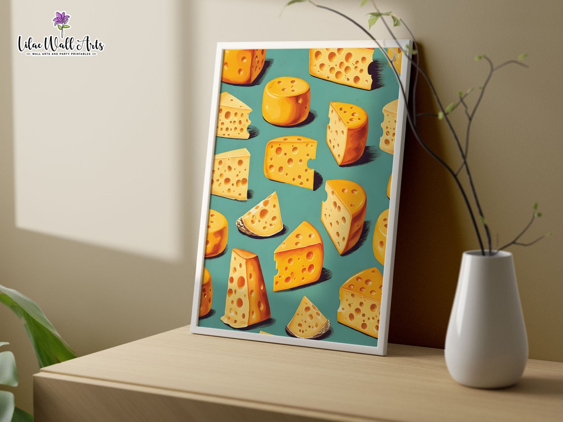 Retro Swiss Cheese Pattern Kitchen Poster Teal Food Lover Wall Decor