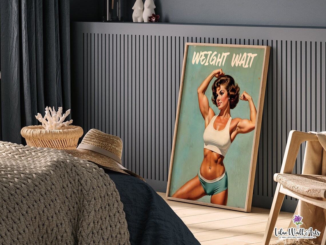 Weight Wait Funny Retro Gym Poster Strong Woman Fitness Humor Decor - Image 3