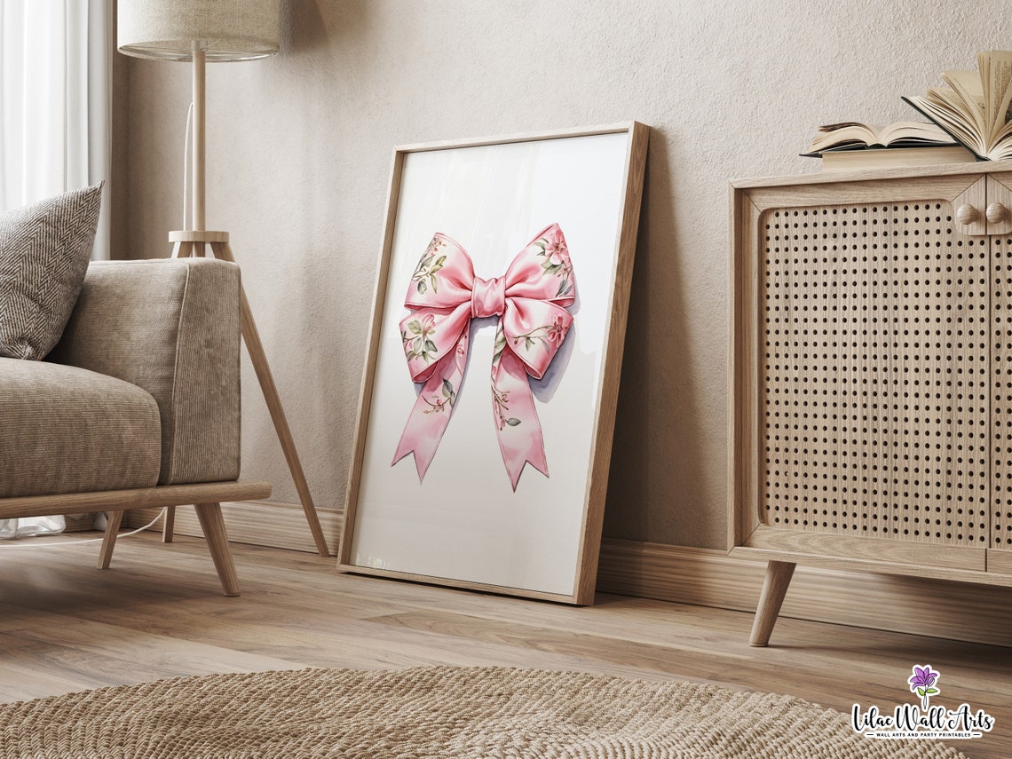 Pink Floral Bow Watercolor Poster Chinoiserie Ribbon Girls Room Art - Image 4