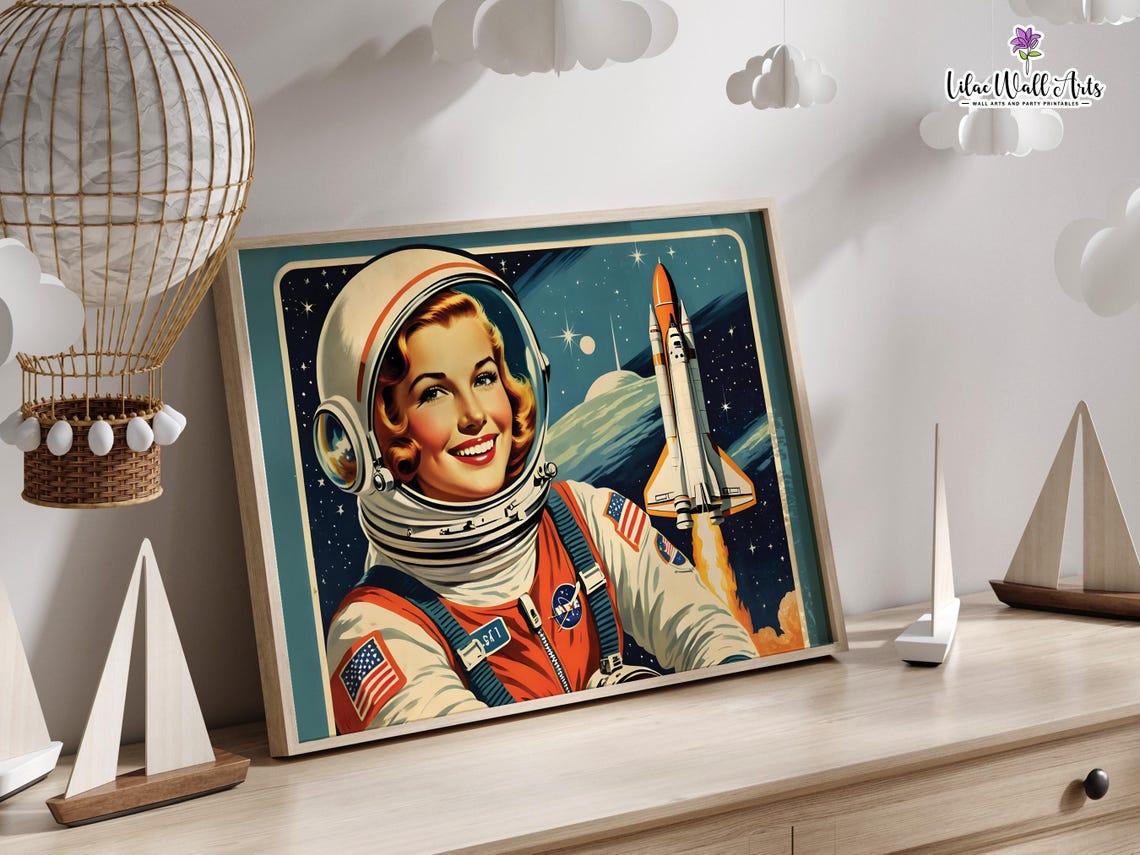 Retro Woman Astronaut Rocket Launch Vintage Nasa Space Mission Poster - Image 2