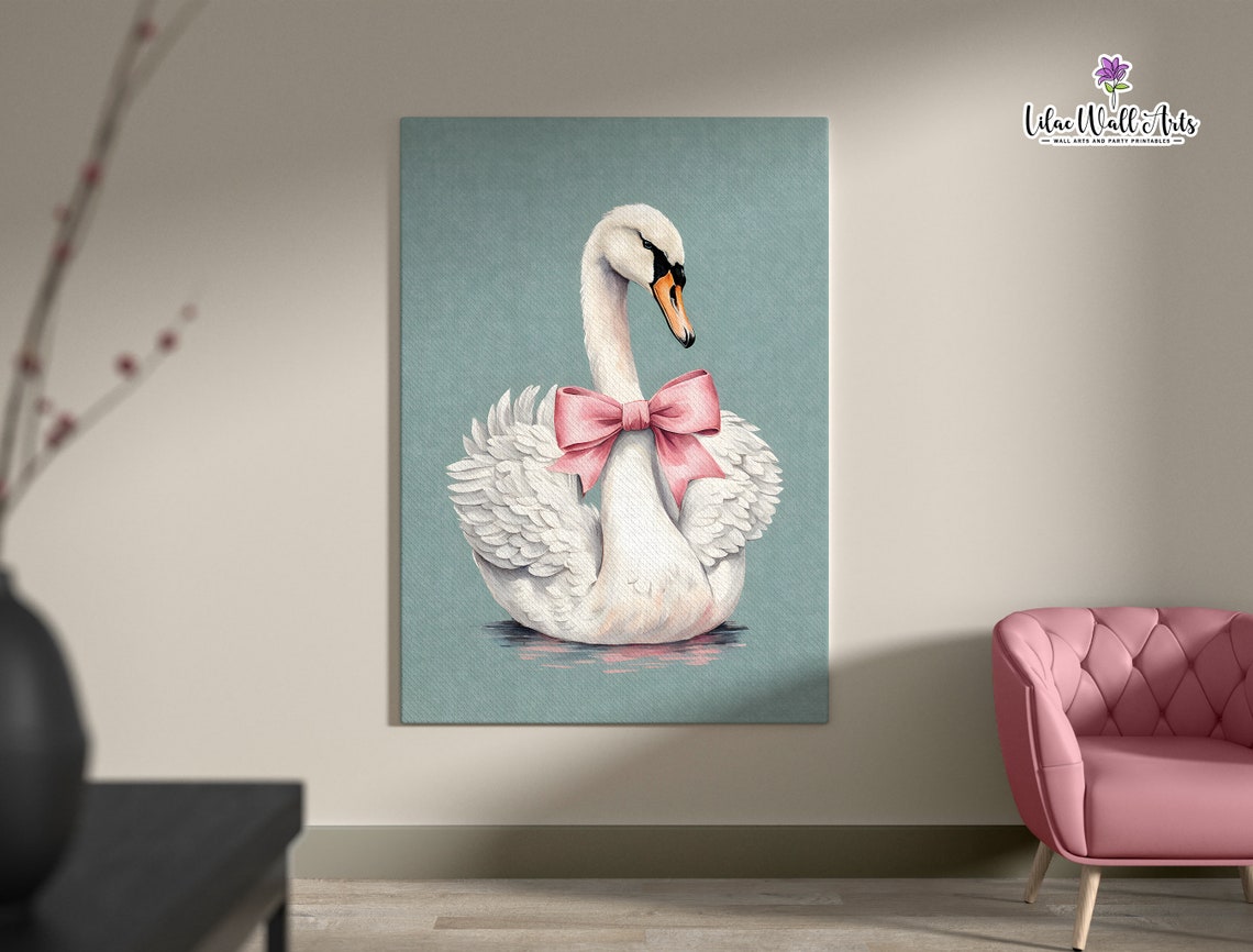 White Swan Pink Bow Poster Coquette Swan Art Nursery Wall Decor
