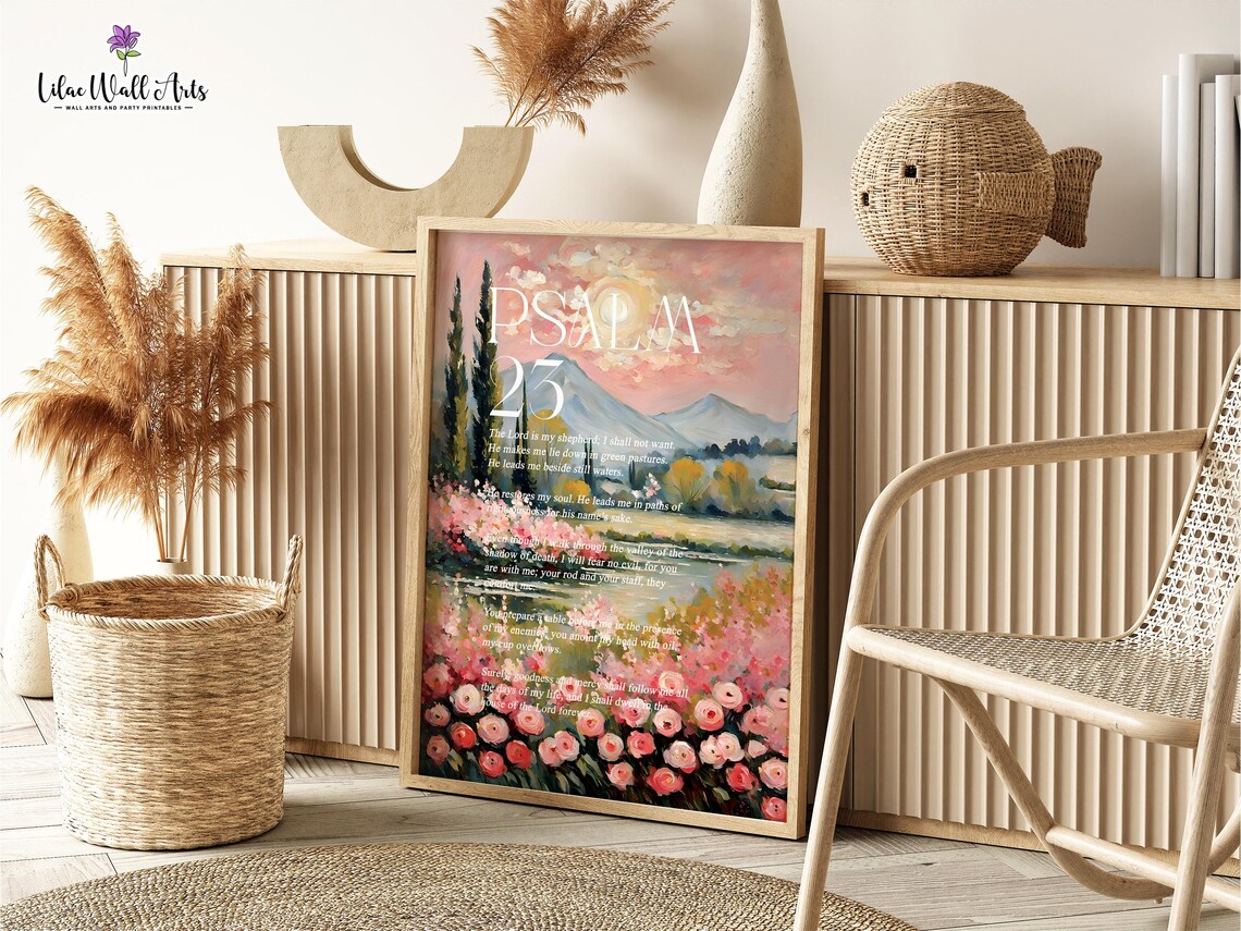 Psalm 23 The Lord Is My Shepherd Pink Floral Landscape Scripture Poster - Image 2