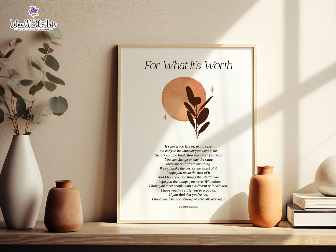 For What It's Worth F Scott Fitzgerald Boho Sun Quote Typography Print - Image 5