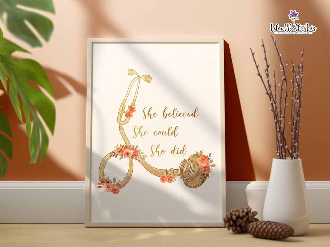 She Believed She Could So She Did Gold Stethoscope Nurse Gift Poster - Image 4