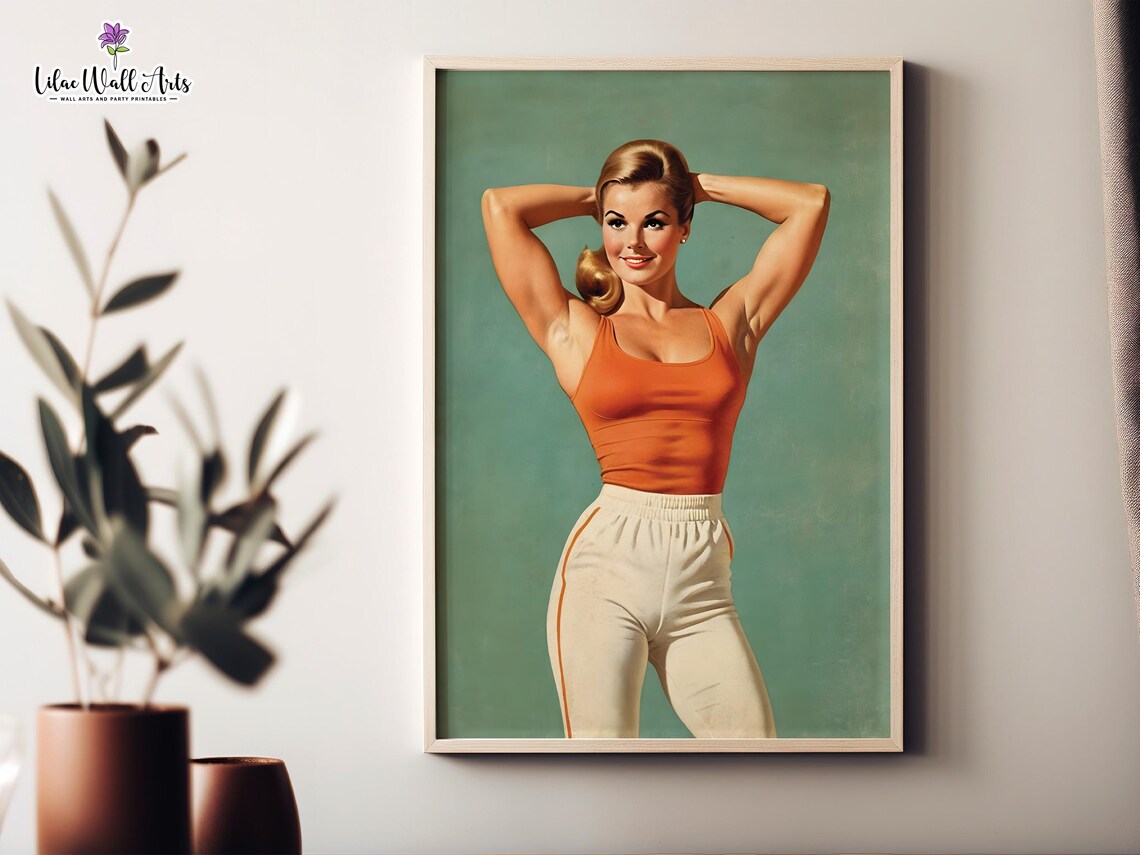 Retro 50s Fitness Woman Orange Tank Top Vintage Home Gym Poster