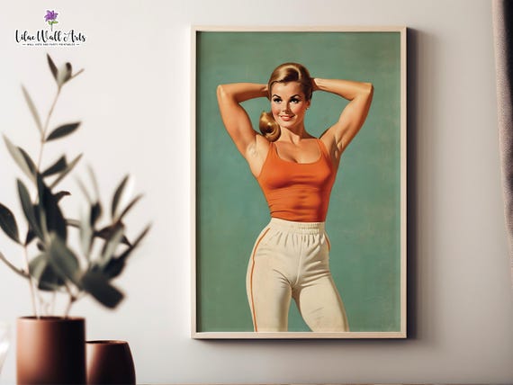 Retro 50s Fitness Woman Orange Tank Top Vintage Home Gym Poster