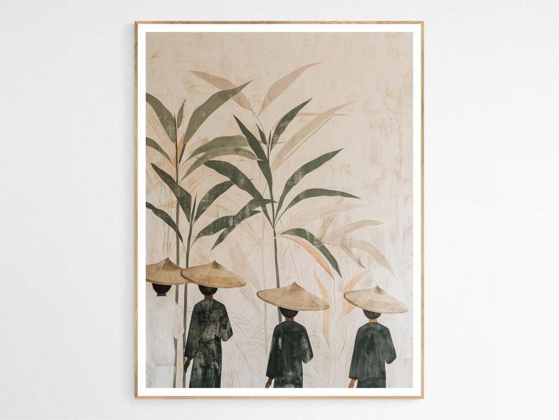 Filipino Villagers Conical Hats Walking Muted Illustration Poster