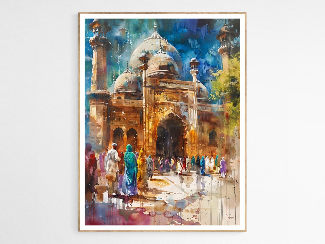 Watercolor Mosque Courtyard With Worshippers Islamic Art Poster