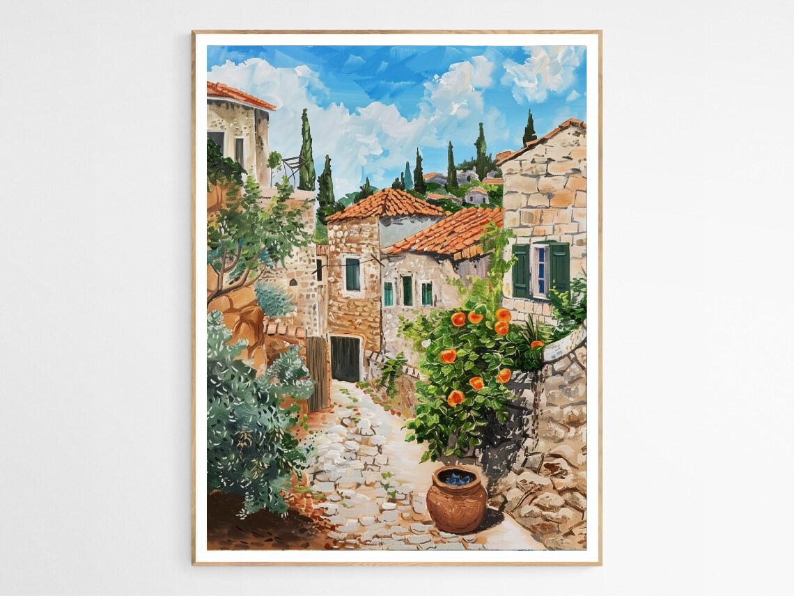 Old Stone Mediterranean Village Painting Cultural Travel Art Poster