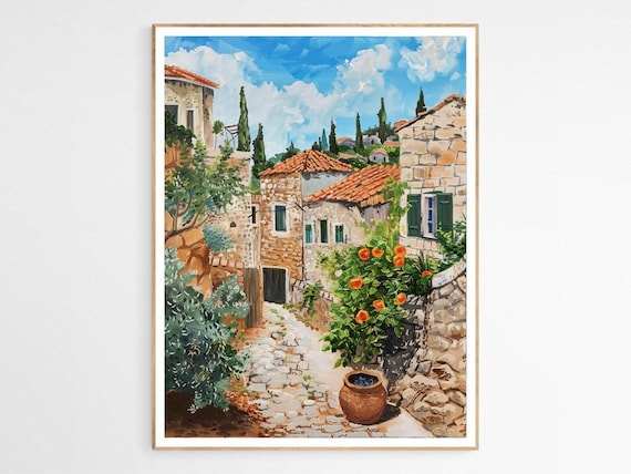 Old Stone Mediterranean Village Painting Cultural Travel Art Poster