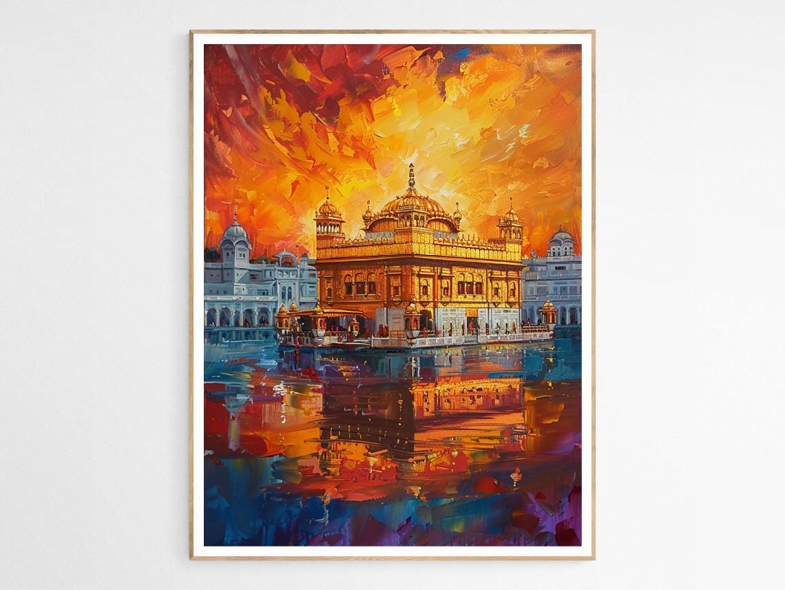 Golden Temple Amritsar Fiery Red Sunset Impasto Oil Art Poster