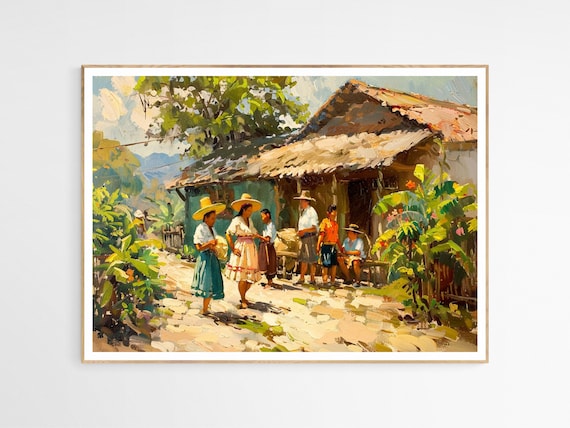 Mexican Villagers Gathering Outside Thatched House Painting Poster