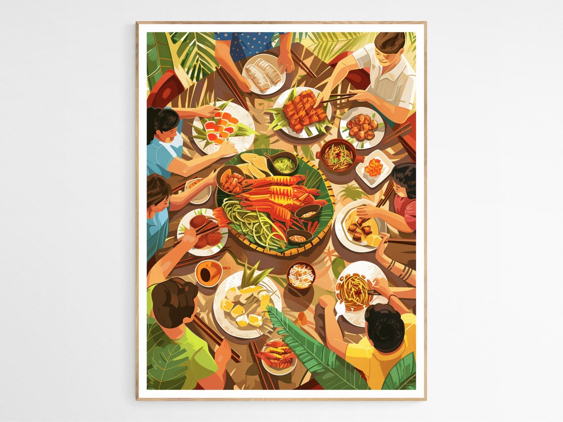 Filipino Boodle Fight Feast Overhead Food Gathering Art Poster