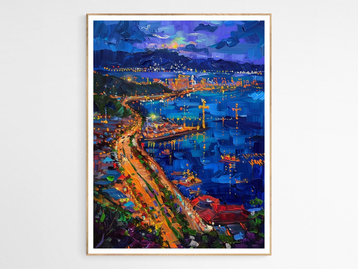 Cebu City Philippines Harbor Night Lights Oil Painting Poster