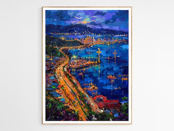 Cebu City Philippines Harbor Night Lights Oil Painting Poster