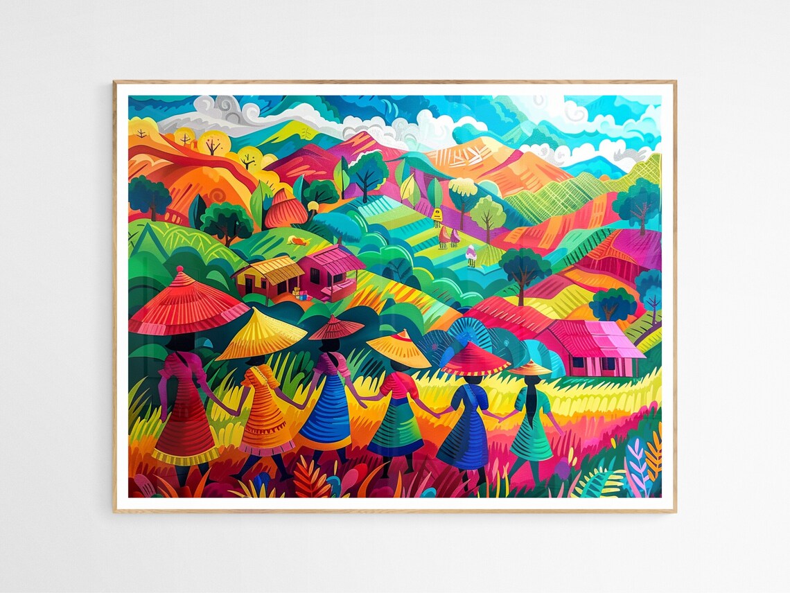 Filipino Women Walking Hand In Hand Through Rainbow Hills Print