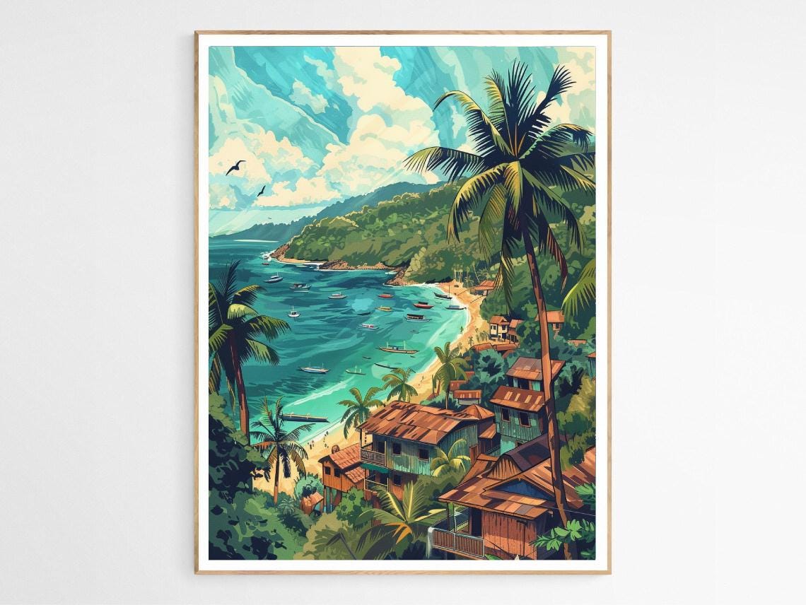 Tropical Island Bay Boats Palm Trees Retro Style Travel Art Poster