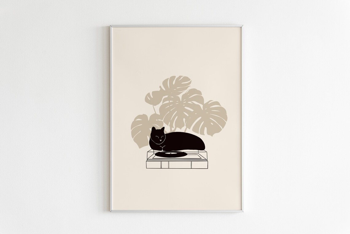 Cat On Record Art Print, Black Cat Illustration