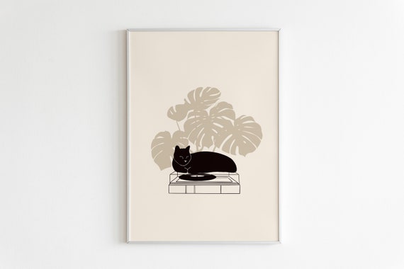 Cat On Record Art Print, Black Cat Illustration