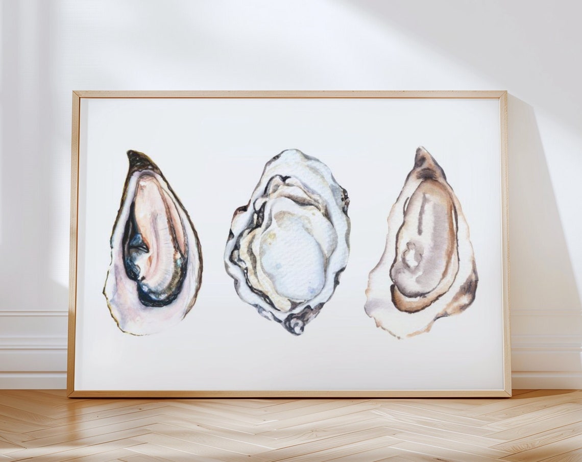 Three Oyster Shells Soft Watercolor Coastal Beach Kitchen Wall Art