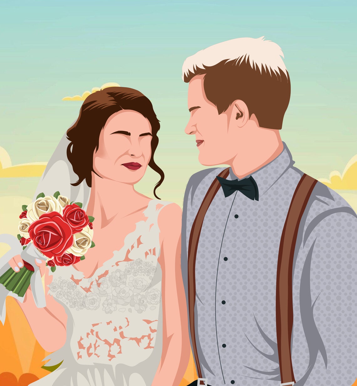 Bride and Groom Custom Color Wedding Portrait Rose Bouquet Poster