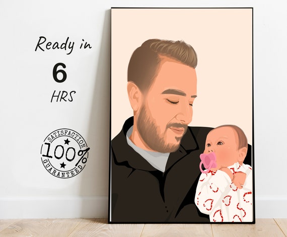 Father Holding Baby Vector Portrait With Pink Pacifier Poster