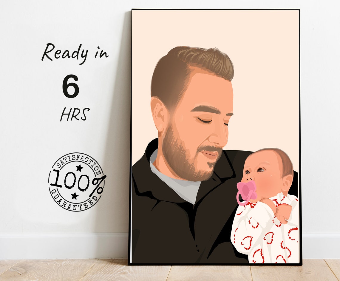 Father Holding Baby Vector Portrait With Pink Pacifier Poster