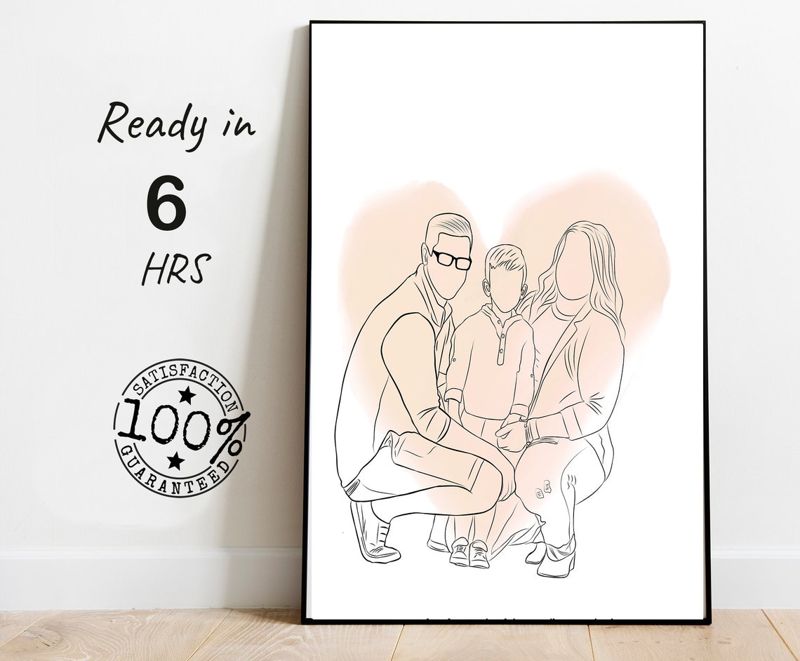 Custom Faceless Family Line Drawing of Three Together Poster