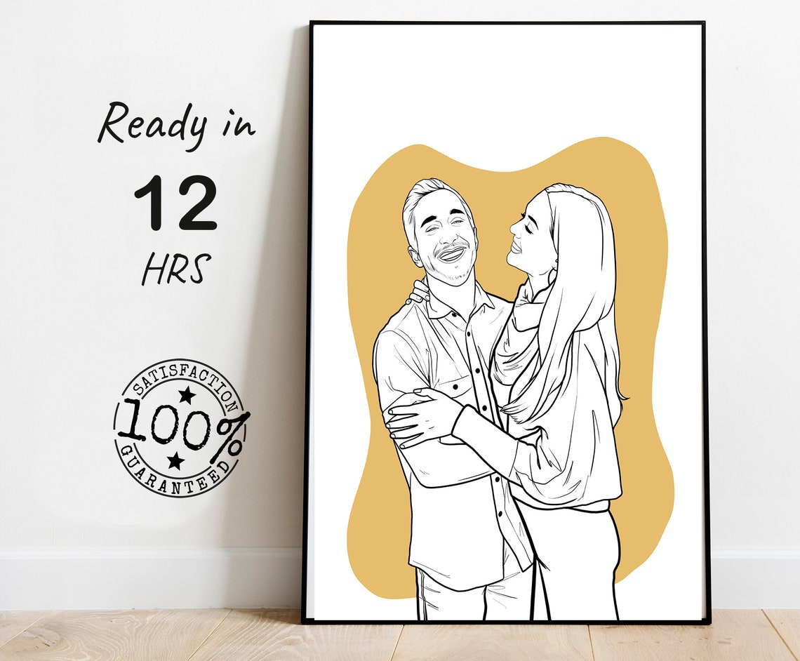 Custom Line Drawing of a Laughing Couple on Warm Mustard Poster