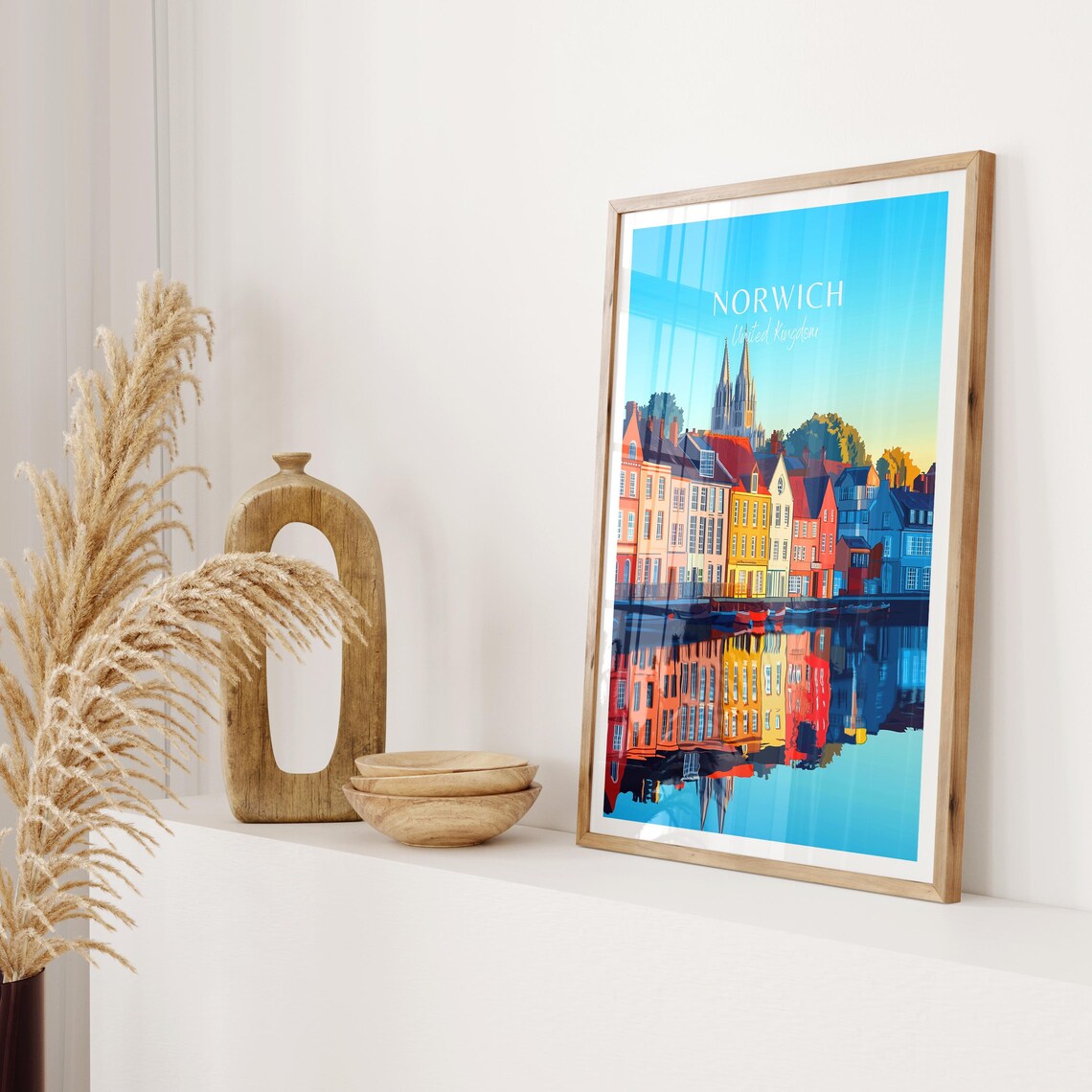 Norwich England Riverside Colorful Houses Cathedral Spire Poster - Image 2