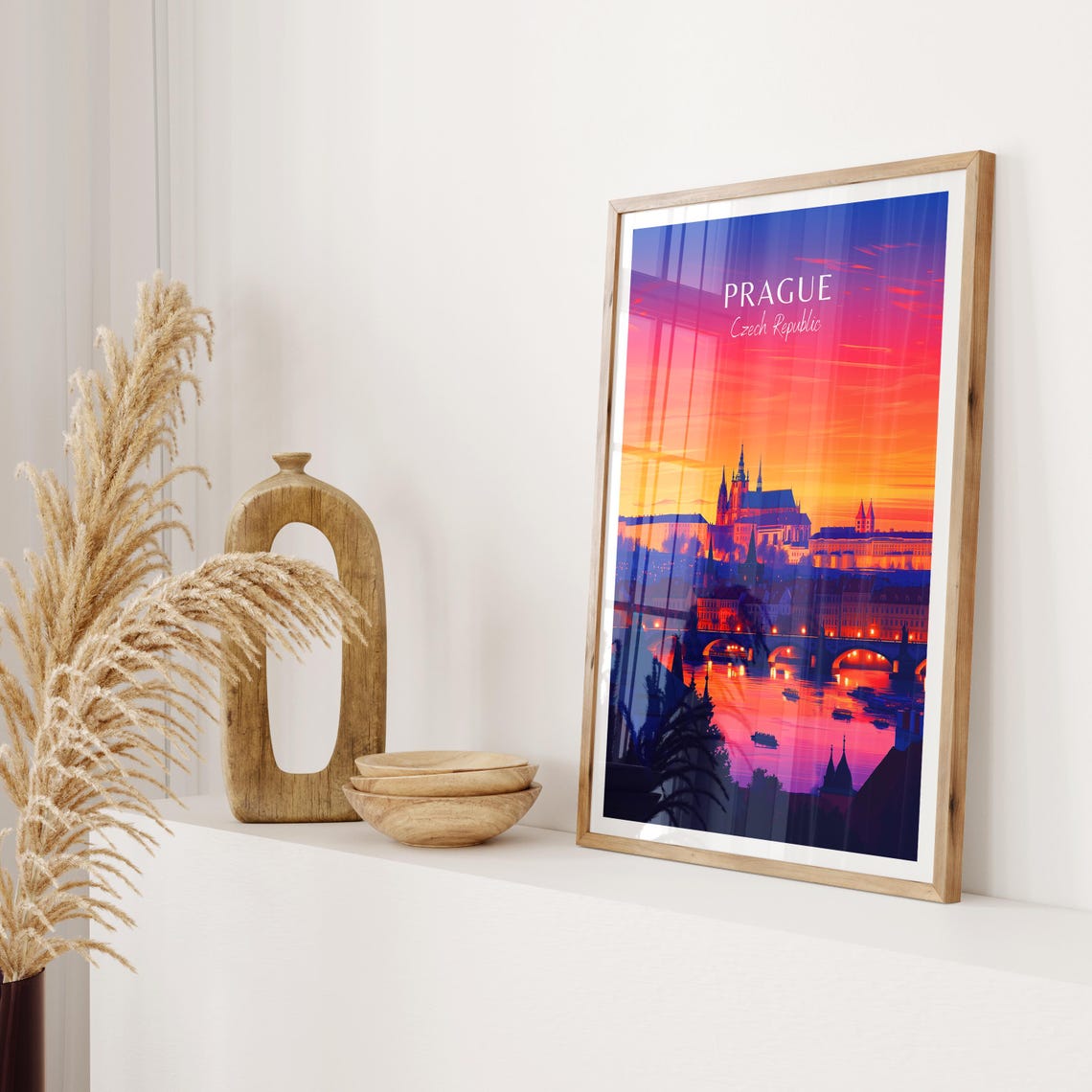Prague Czech Republic Sunset Over Castle River Bridge Poster - Image 2