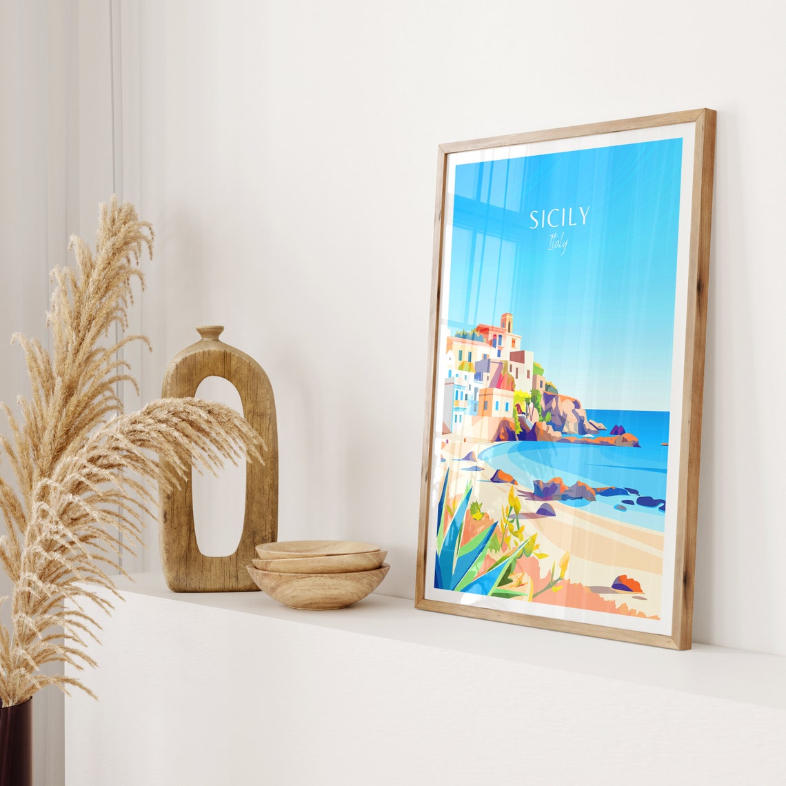 Charming Colorful Sicily Italy Seaside Town on a Rocky Coast Poster - Image 2