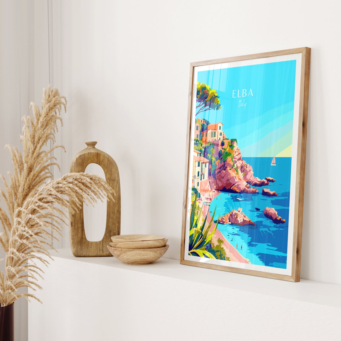 Elba Italy Coastal Cliffside Village Cove Illustrated Travel Poster - Image 2