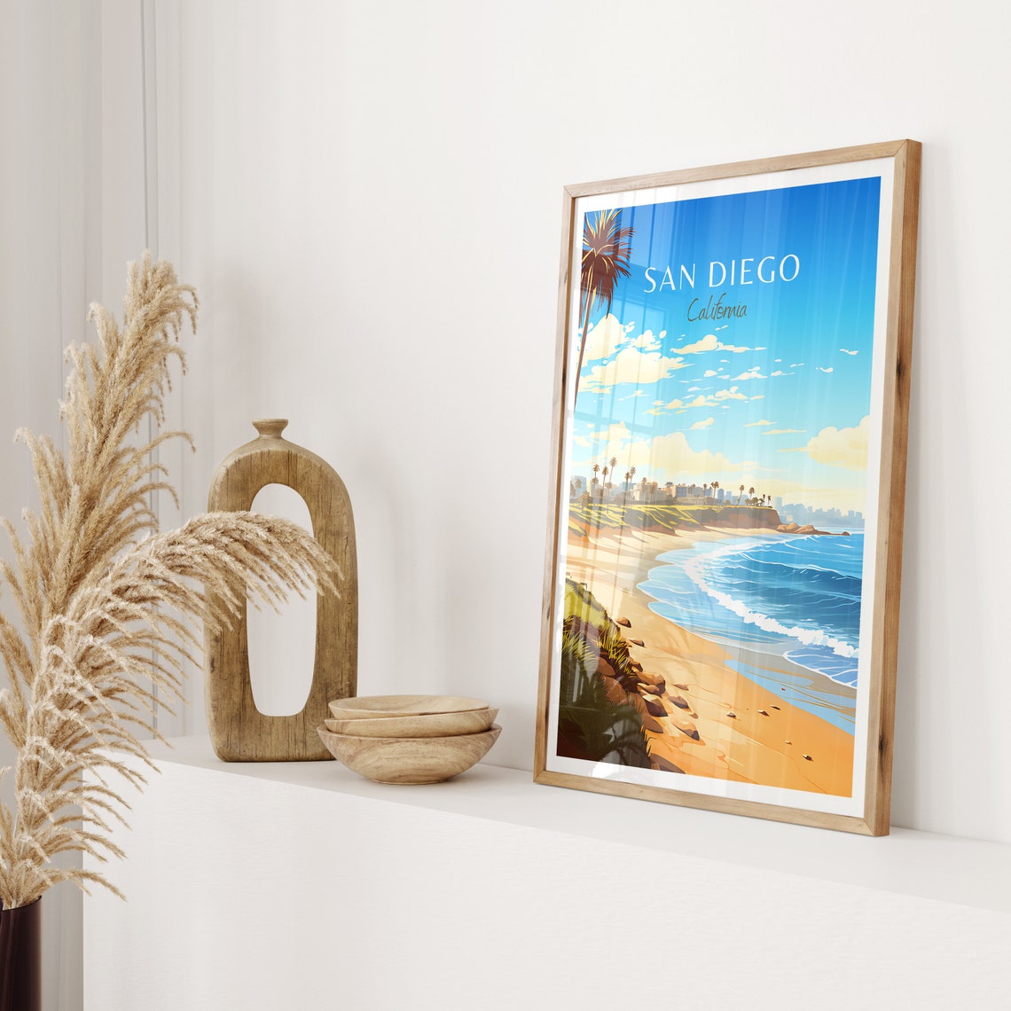 San Diego California Beach Cliffs Palms Ocean Waves Travel Poster - Image 2