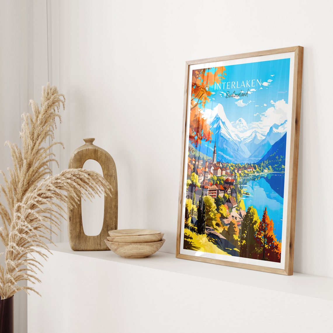 Interlaken Switzerland Travel Poster Alpine Lake Village Autumn Peaks - Image 2