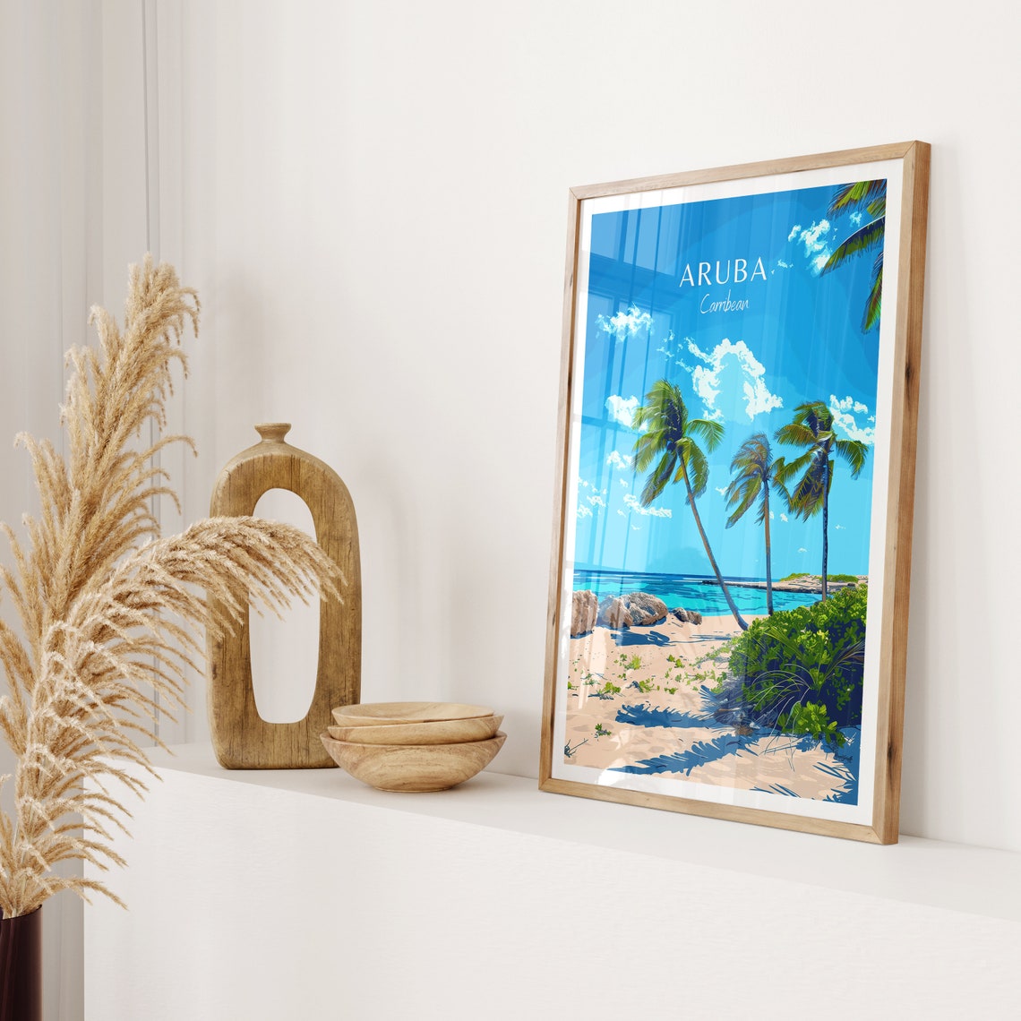 Aruba Caribbean Leaning Palm Trees on White Sand Beach Poster - Image 2
