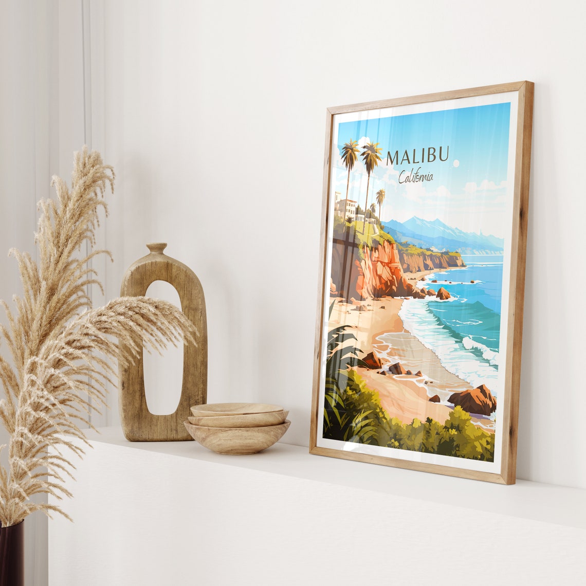 Malibu California Red Cliff Beach Pacific Waves Travel Poster - Image 2