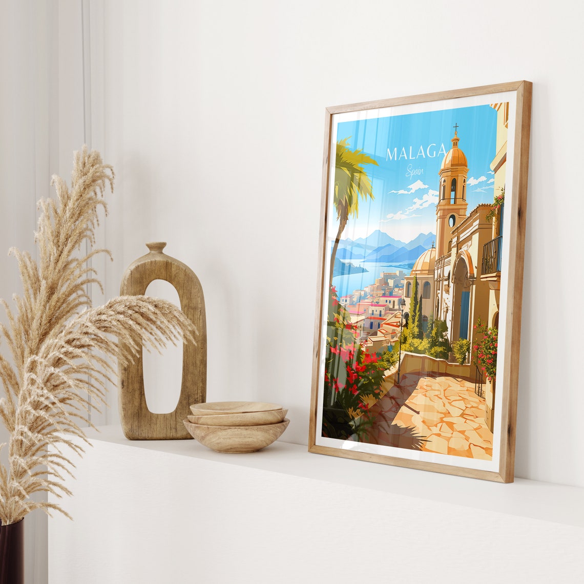 Malaga Spain Travel Poster Harbor View Church Tower Flower Terrace - Image 2