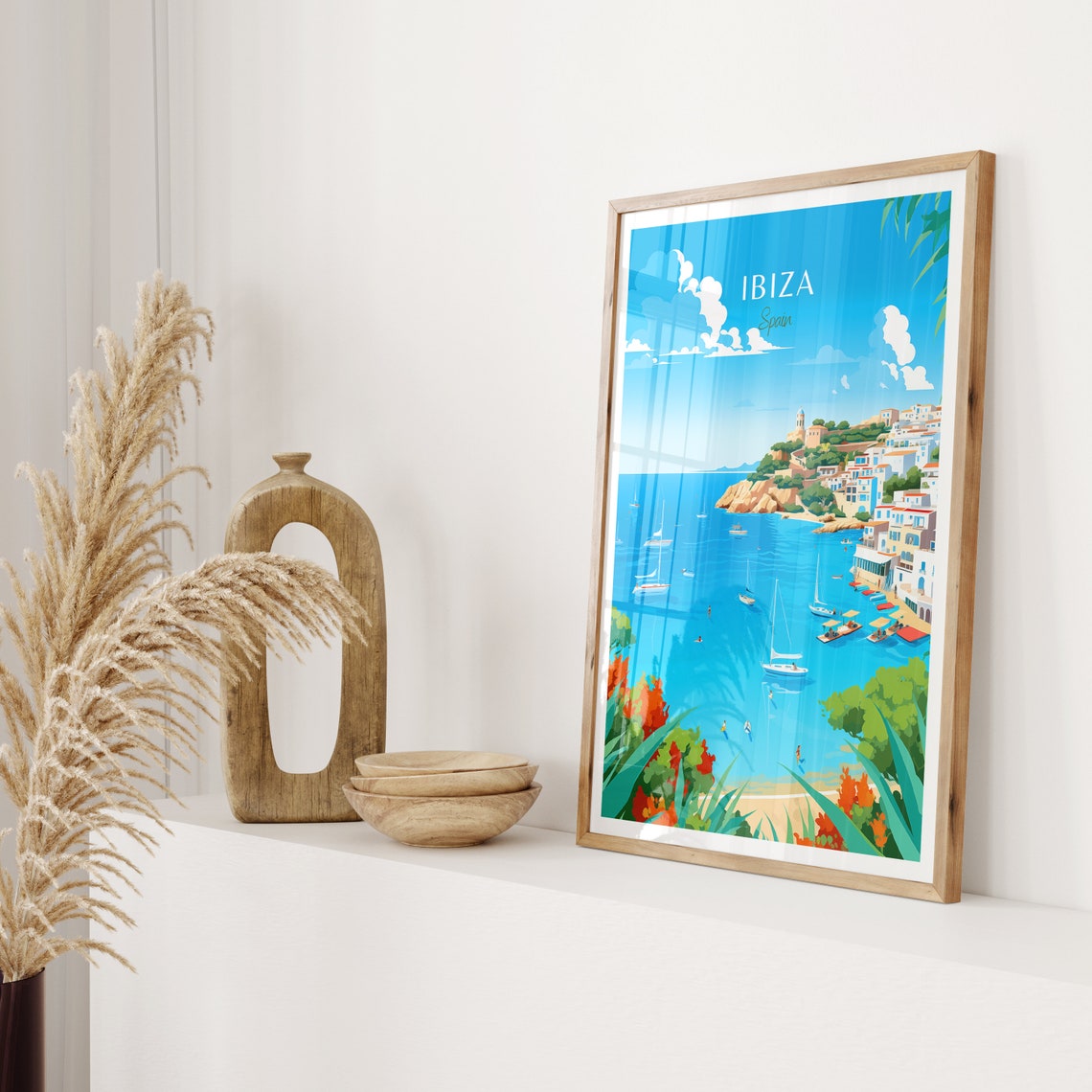 Ibiza Spain Turquoise Cove Sailboats Cliffs Beach Holiday Poster - Image 2