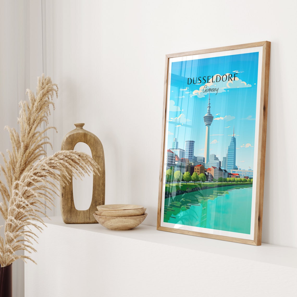 Dusseldorf Germany Travel Poster Rhine Tower Skyline River View Art - Image 2