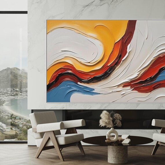 Abstract Colorful Textured Acrylic Painting Extra Large Horizontal Art Modern Home Wall Art Hanging Yellow White Blue Artwork Decor