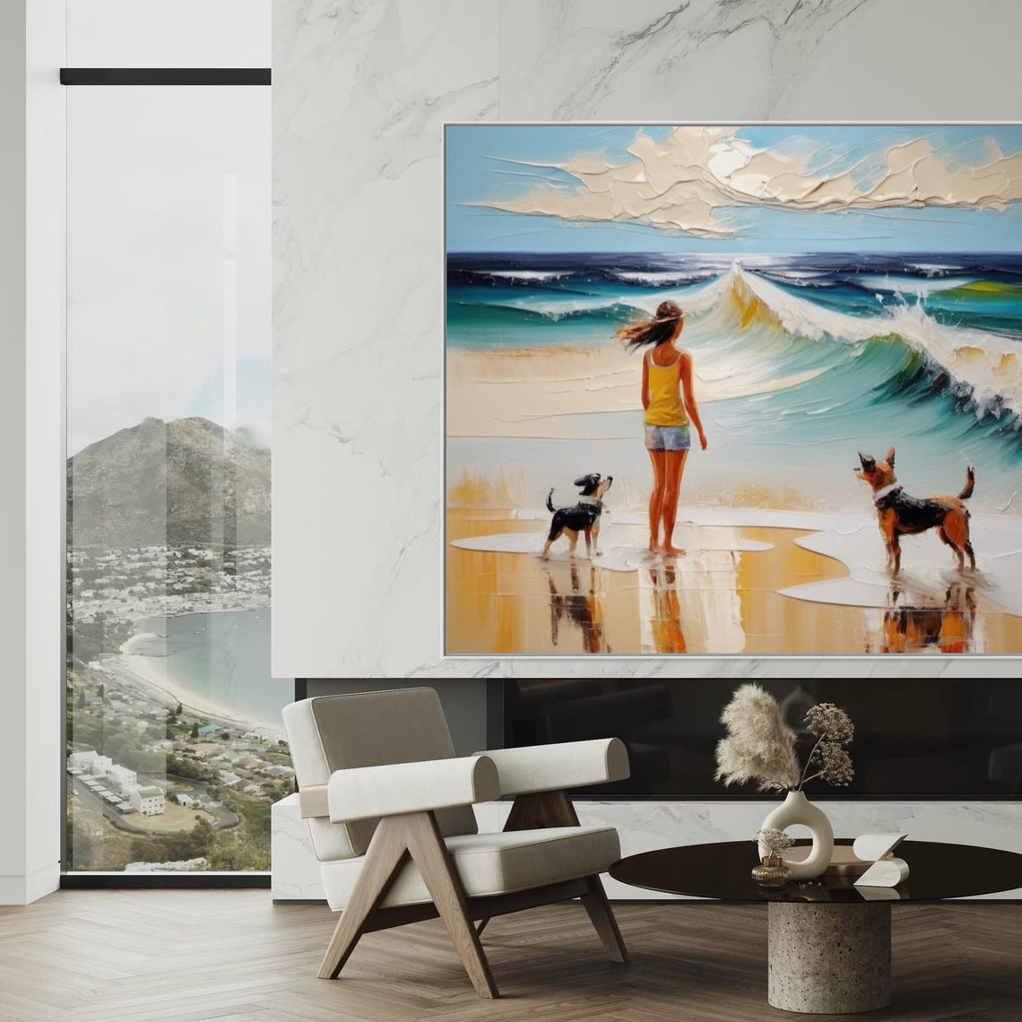 Girl with Two Dogs Watching Ocean Waves Beach Scene Art Poster