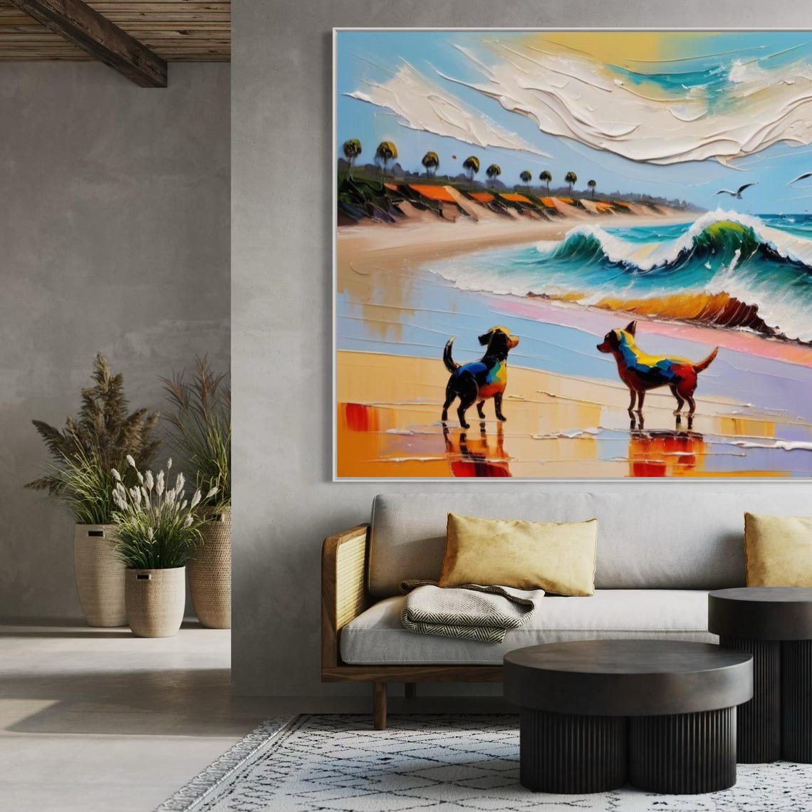 Two Colorful Dogs on Sandy Beach by the Ocean Waves Art Poster