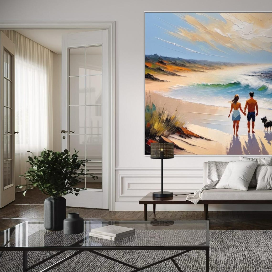 Couple and Dog Strolling Along Sunny Beach with Waves Poster